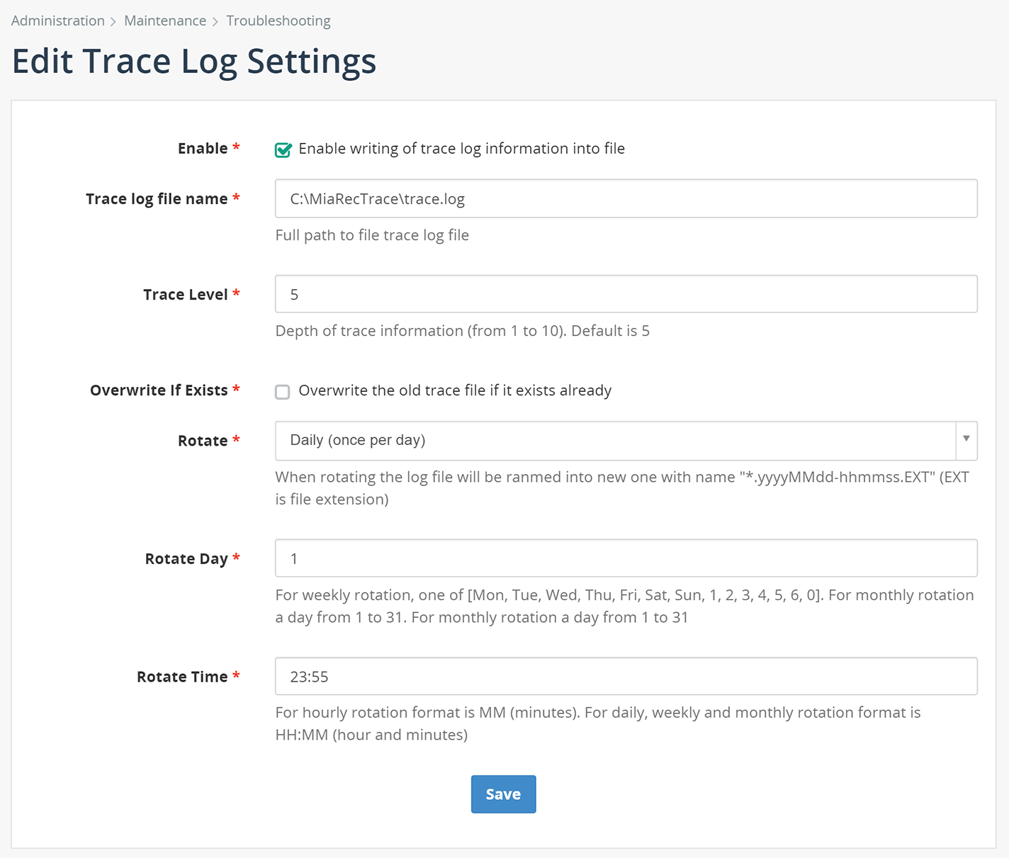 Edit Trace Log Settings