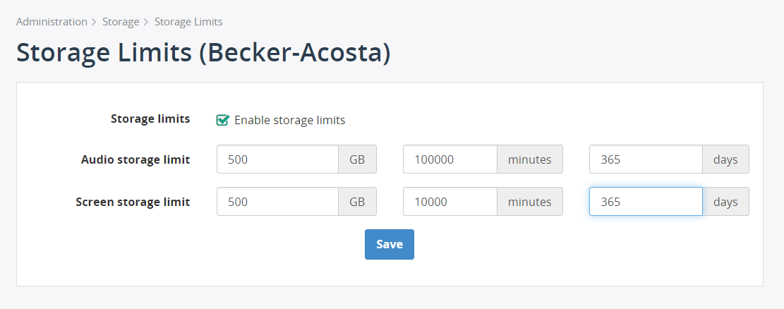 Storage Limits Settings