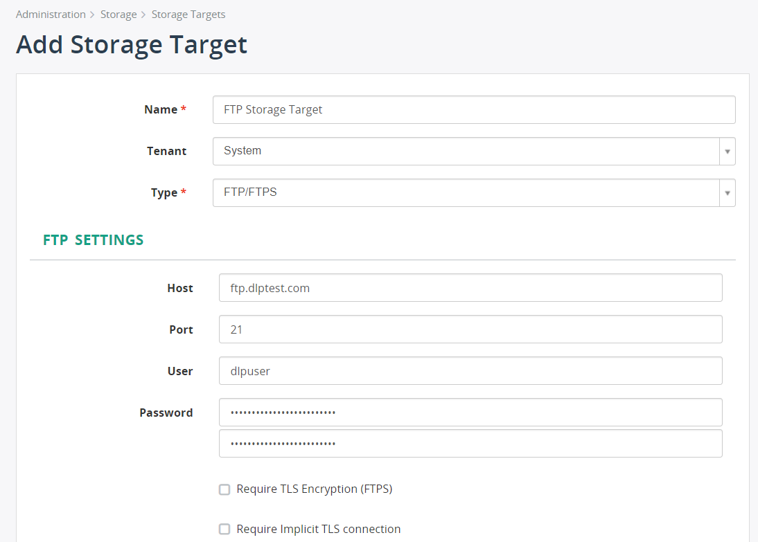 FTP/FTPS Storage Target Settings