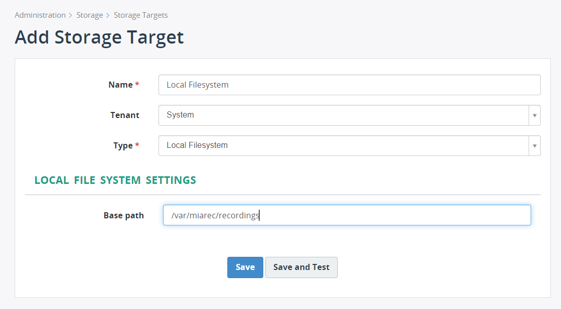 Local Filesystem Storage Target Settings