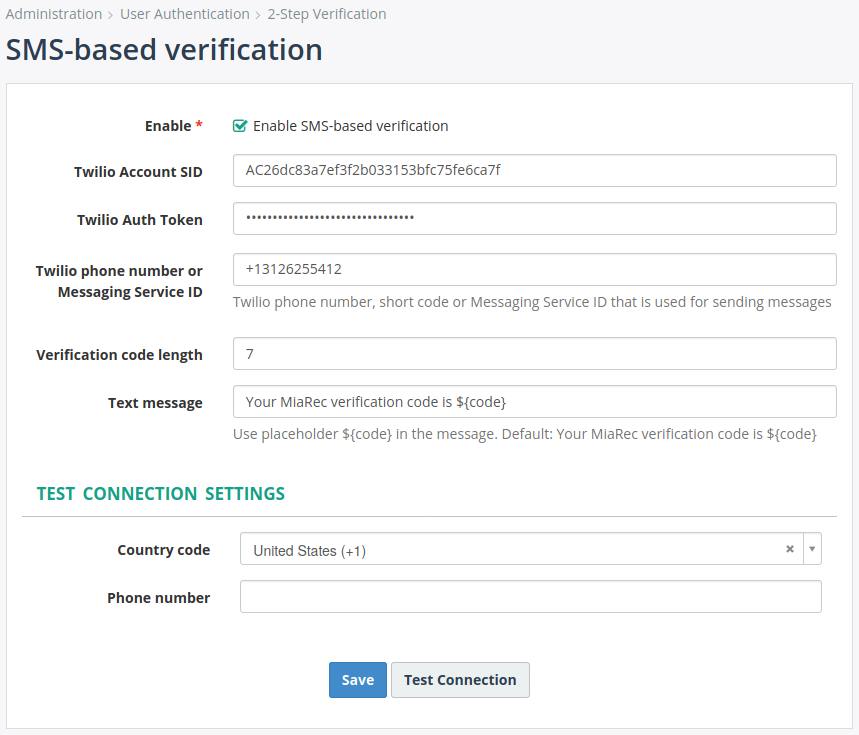 SMS-based verification Setting