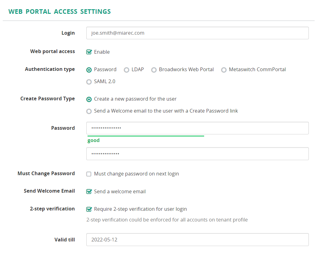 Web portal access settings