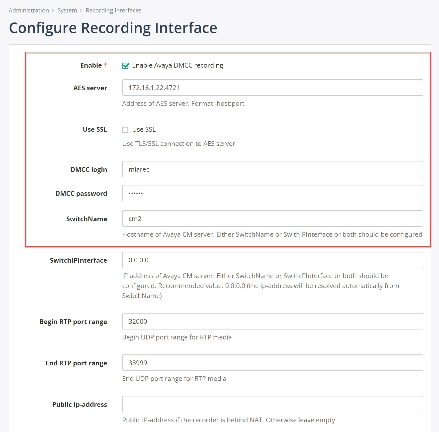 Configure Recording Interface (Avaya DMCC)