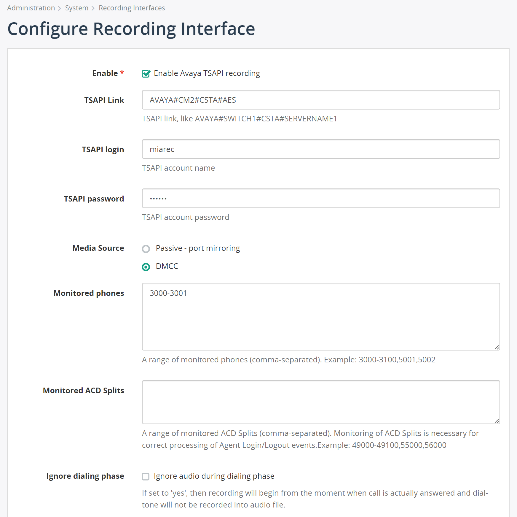 Configure MiaRec Recording Interface