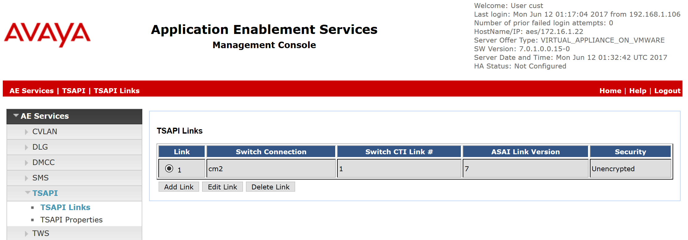 Administer TSAPI link