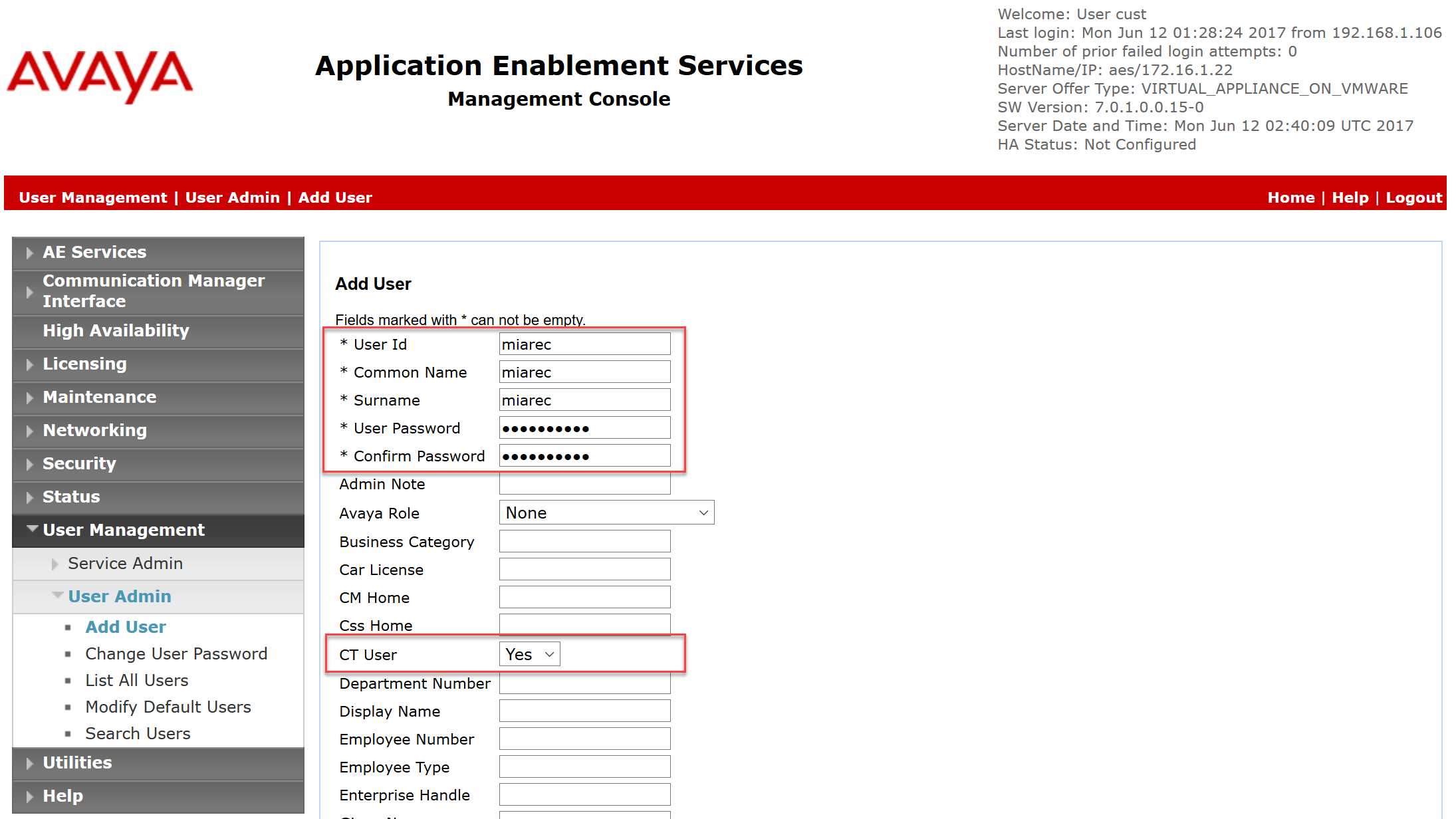 Administer CTI user for MiaRec