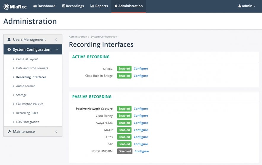 MiaRec Recording Interfaces