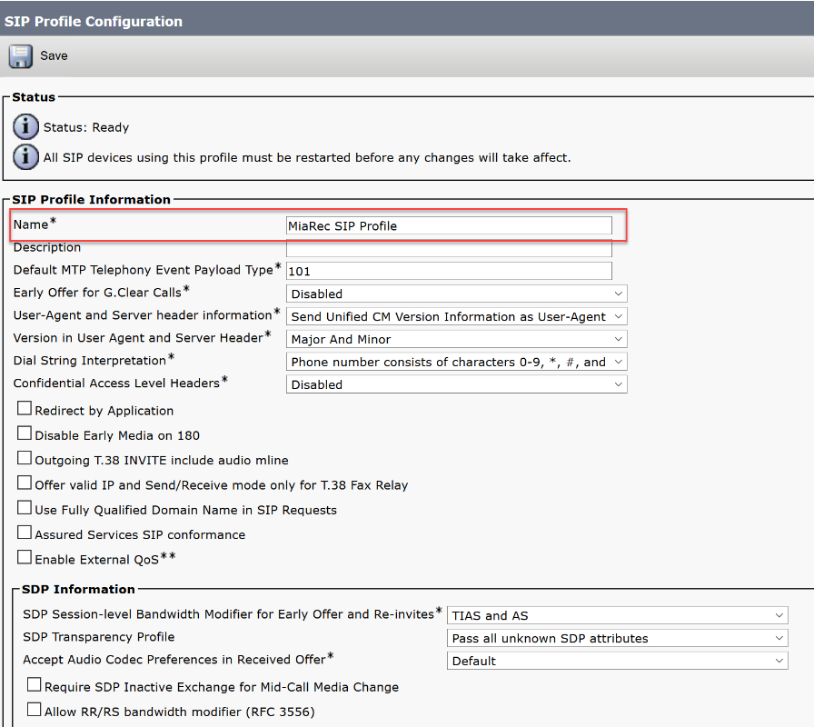 SIP Profile Configuration