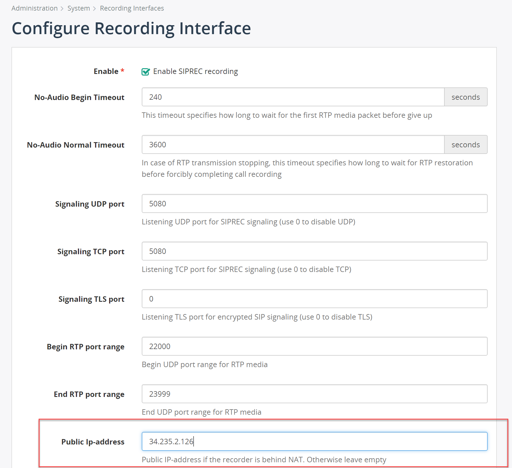 Configure SIPREC interface