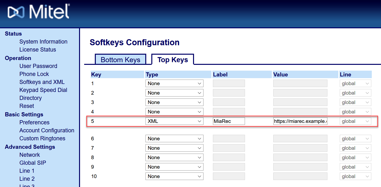 Configuration of phone using web interface