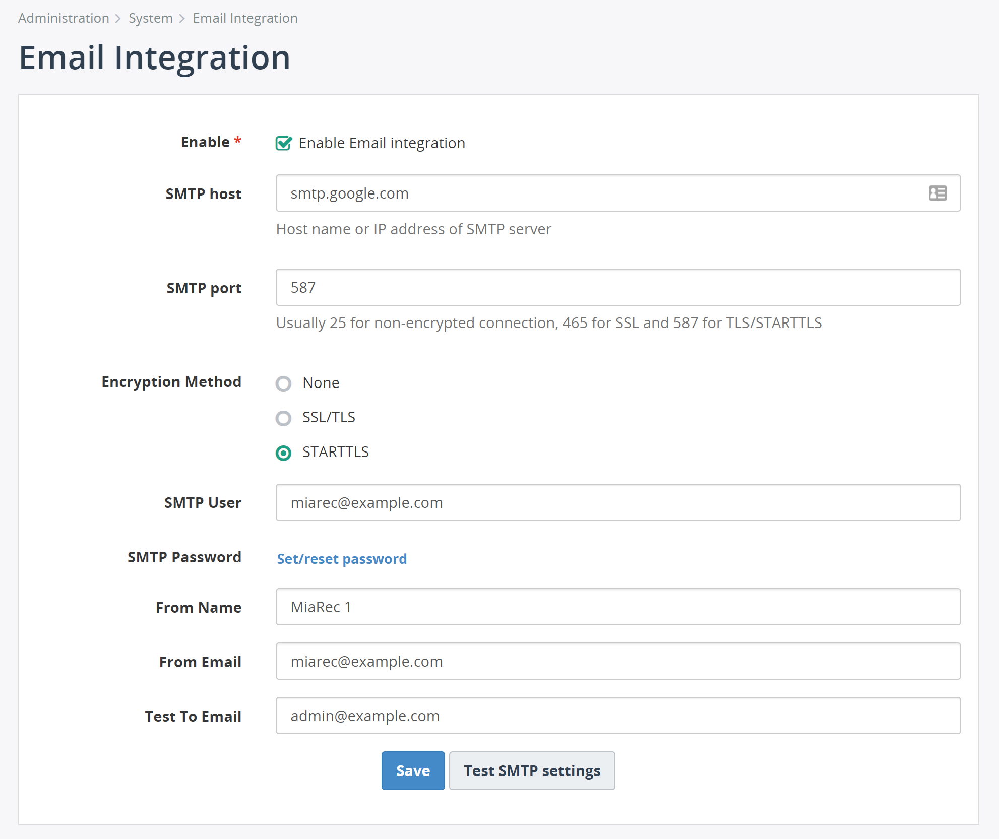 Email integration settings