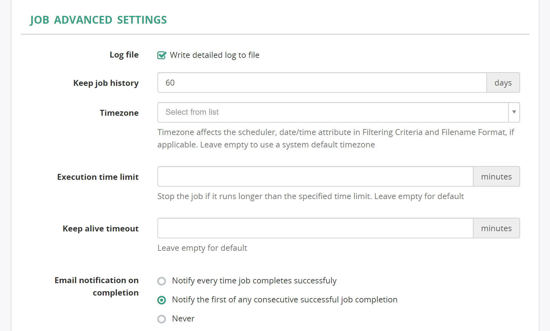 Job configuration form