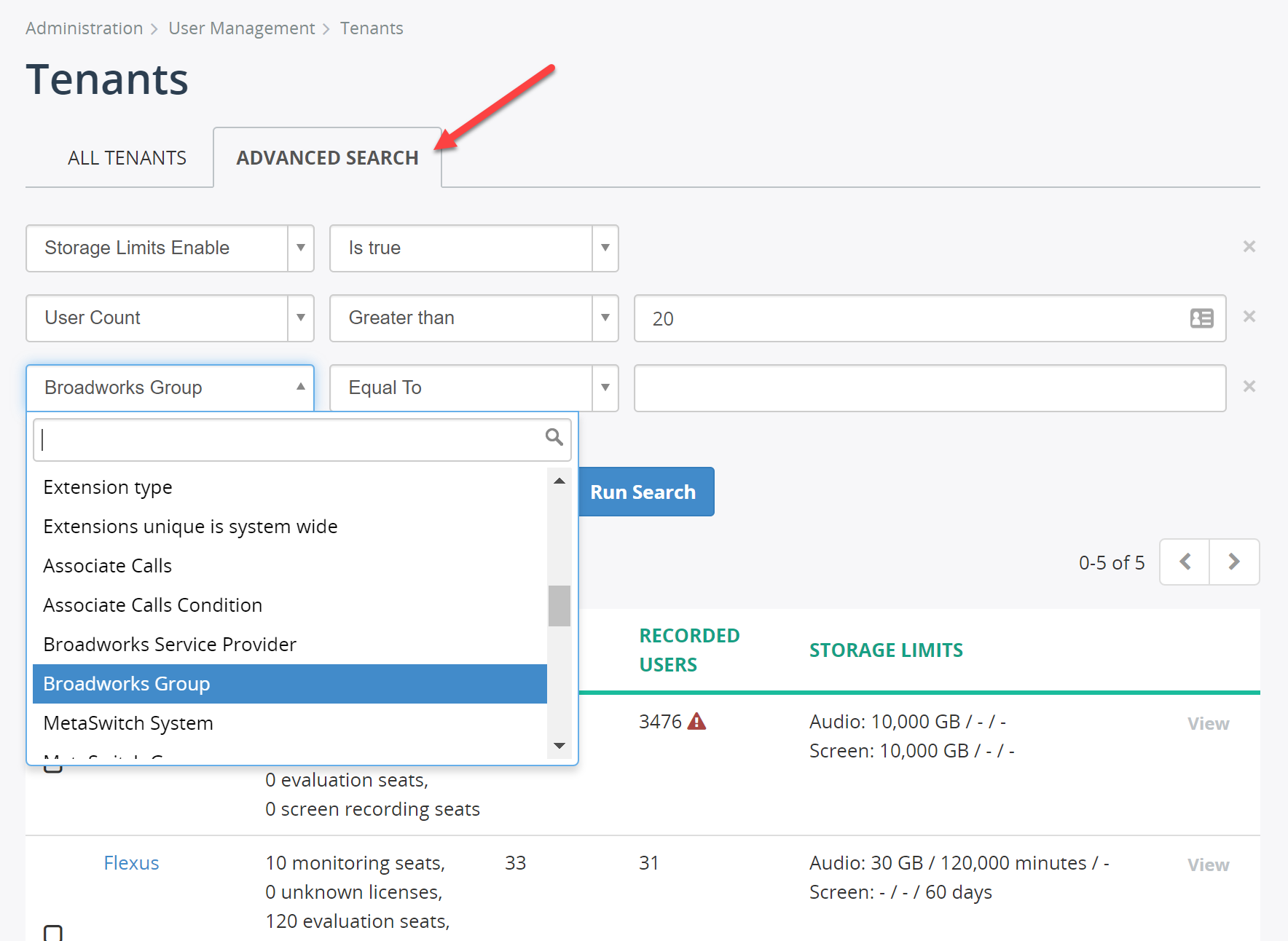 Advanced searching capability to Tenants