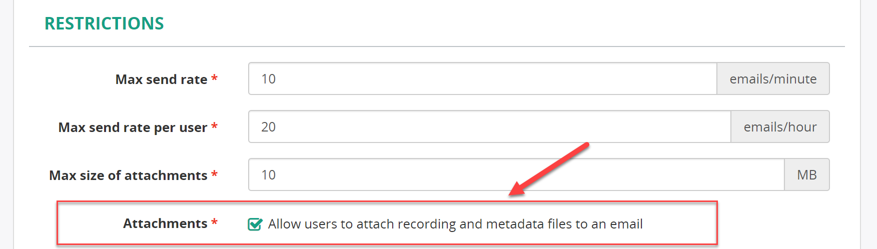 Add ability to restrict users from attaching audio files when sending recording by email