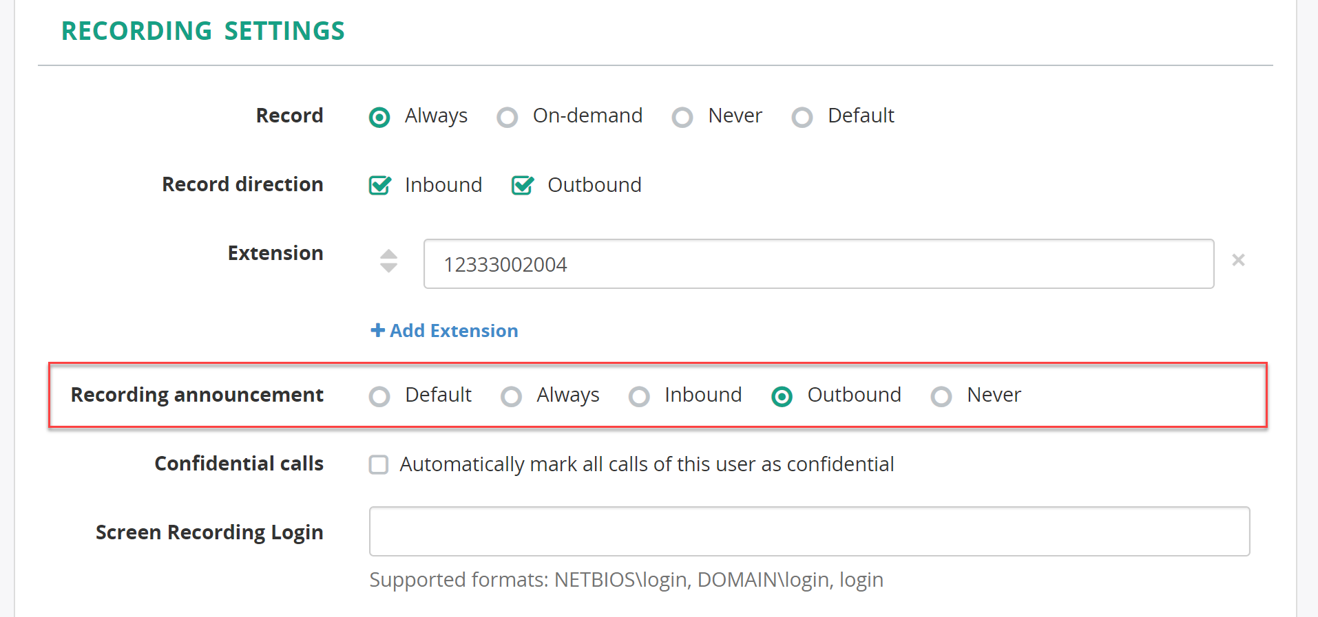 Add configuration of Cisco recording announcement via web portal