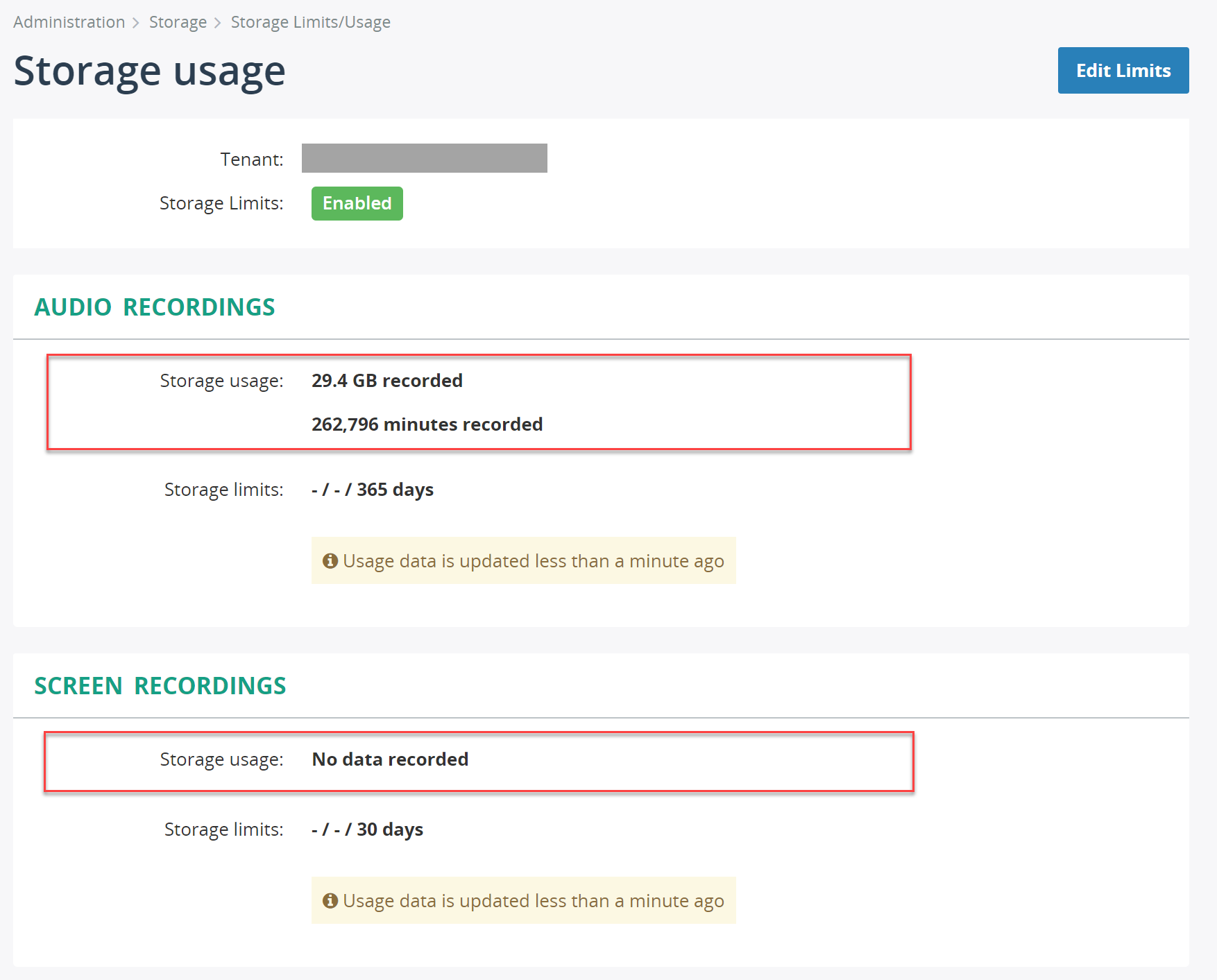 Display tenant's storage usage