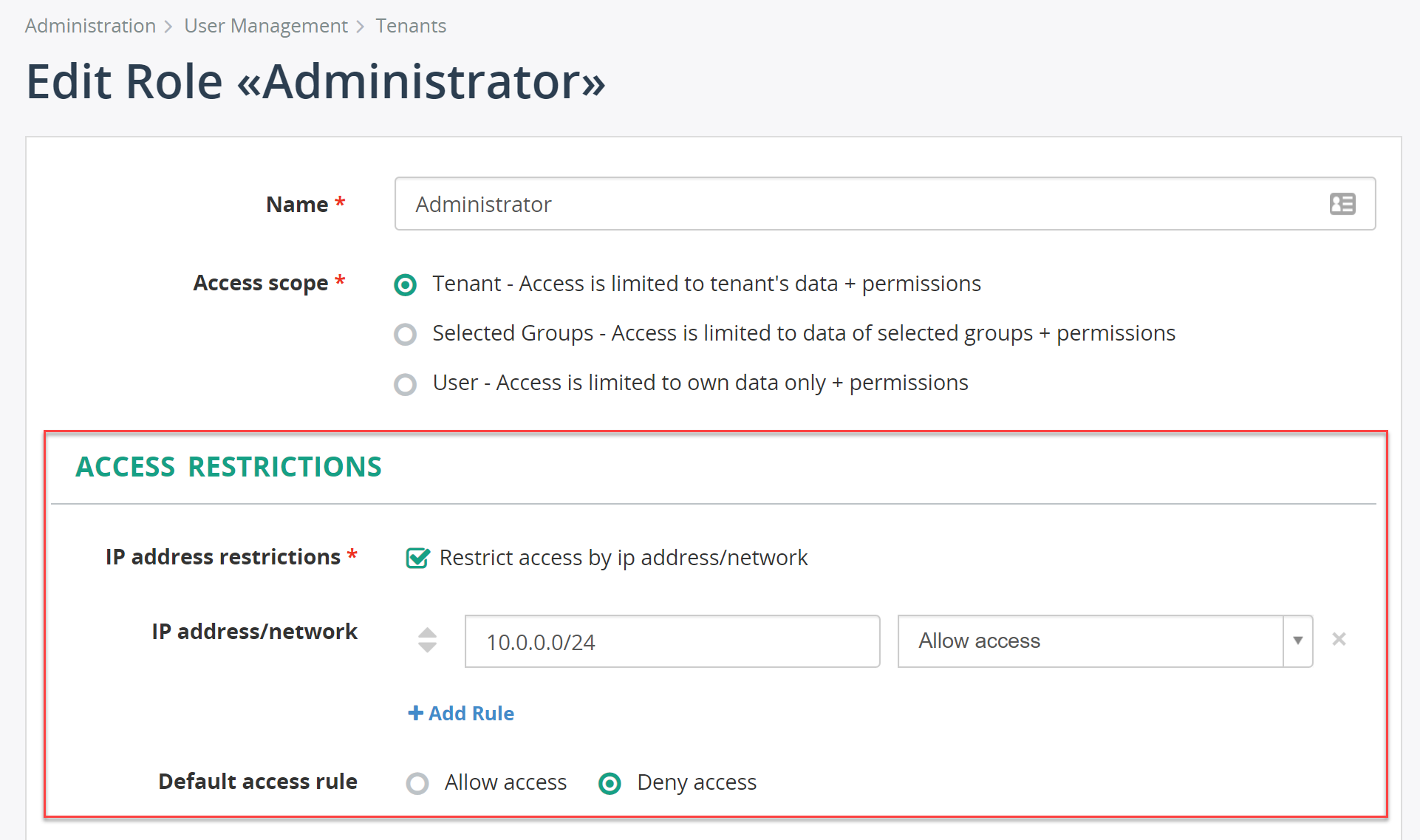 Support of restricting access to web portal by ip-address