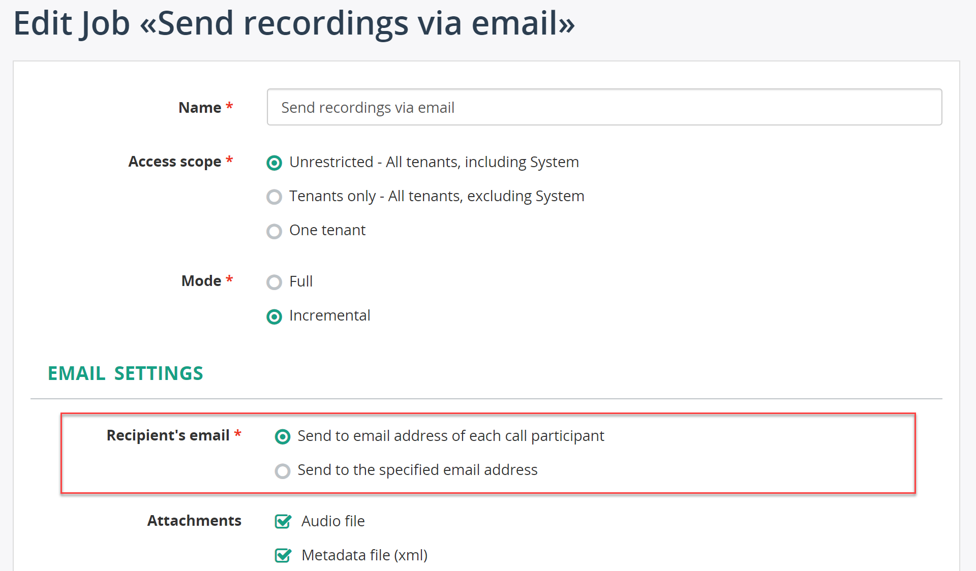 Send to email address of each call participant