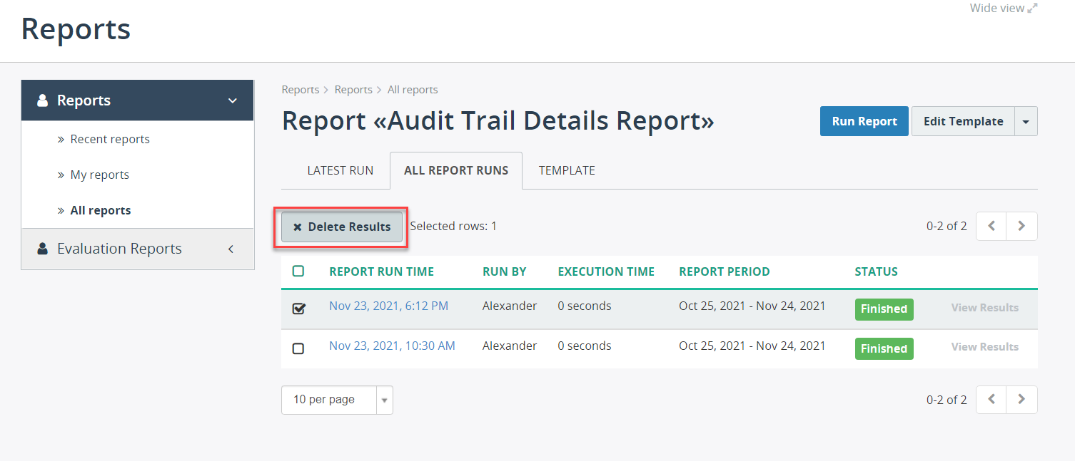 Delete Report Results