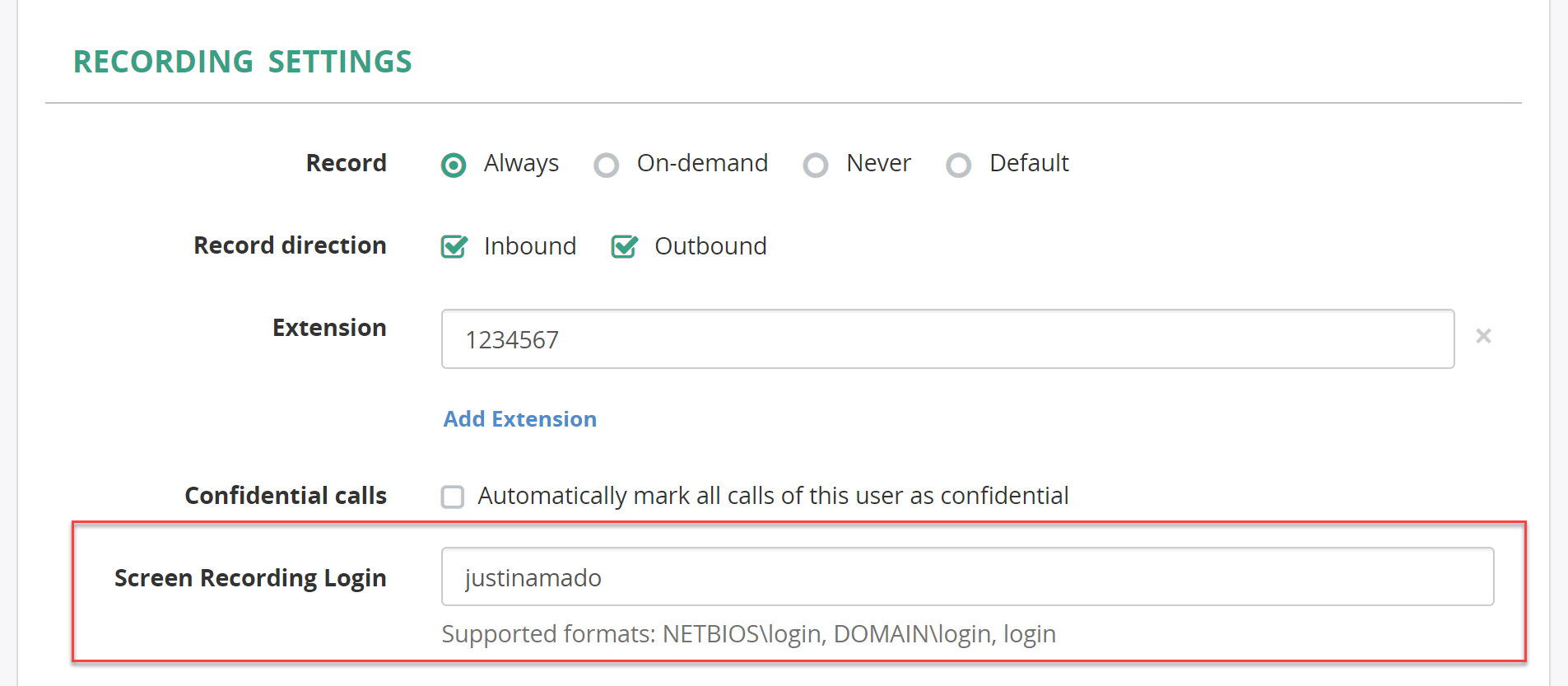 Configure users for screen recording