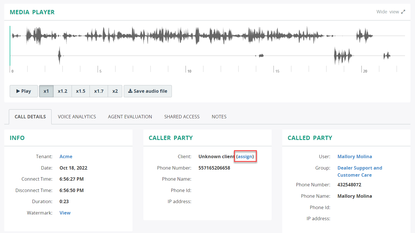 Extended call details view - Assigning the call recording to the client